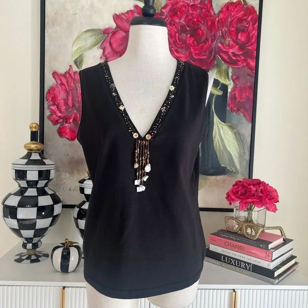 SPANNER Women's Beaded Deep V-Neck Sleeveless Stretch Cotton Blouse Black Large
